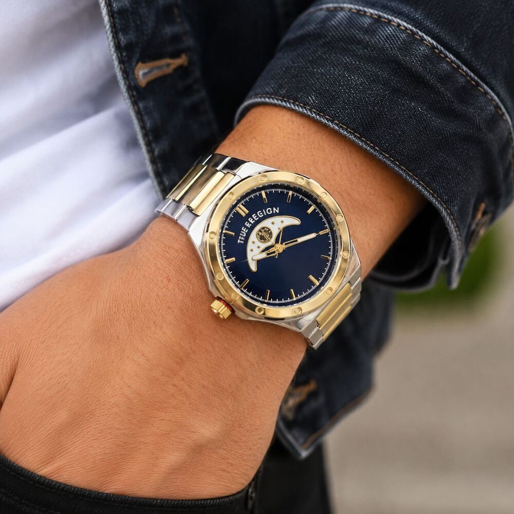 True Religion Watch Blue Dial Gold Bezel Two Tone Mens Analog Bracelet Boxed
